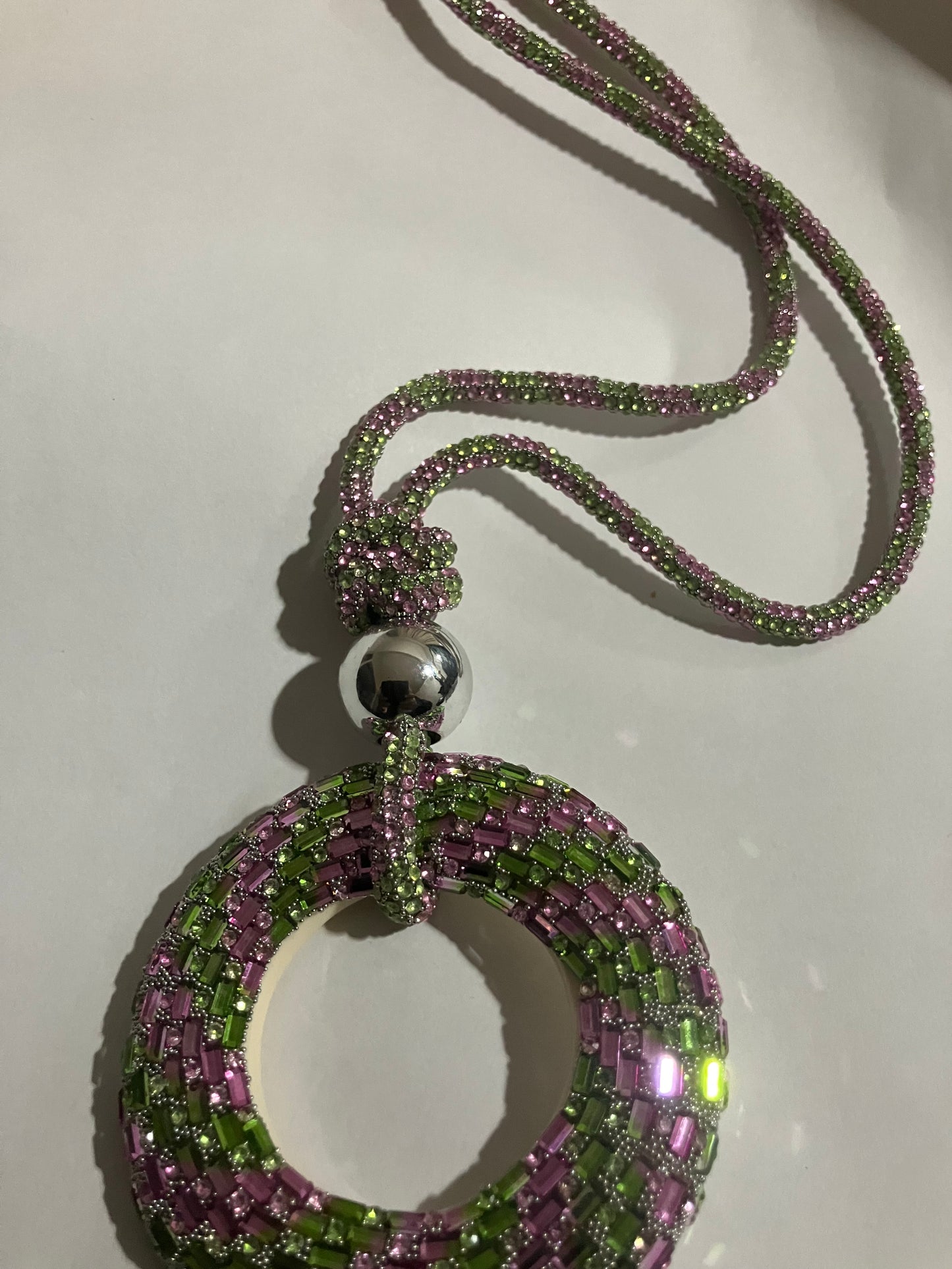 Blingy Pink and Green Rhinestone Pendant Necklace Set