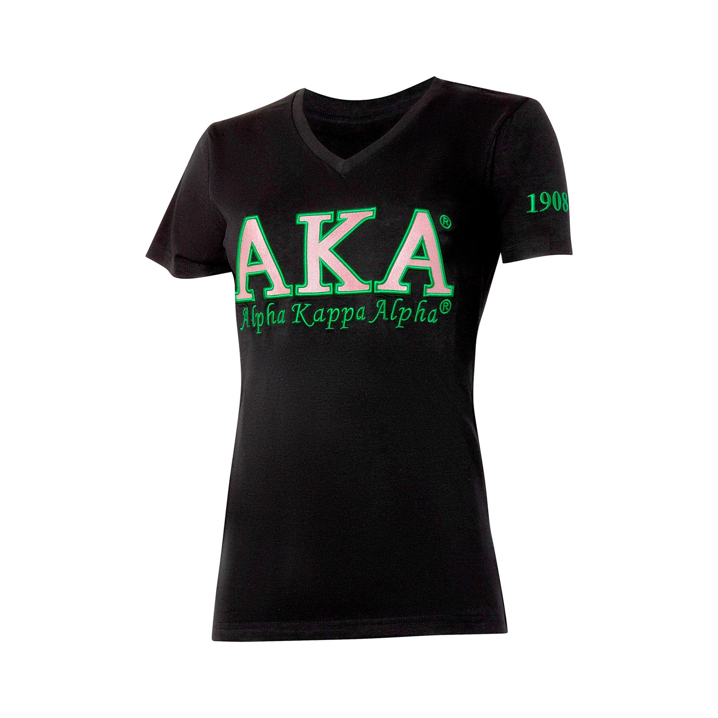 "Short-sleeve AKA sorority shirt made from 35% cotton and 65% polyester, highlighting custom 3D embroidery of pink and green Greek letters and the iconic 1908 founding year for a timeless look