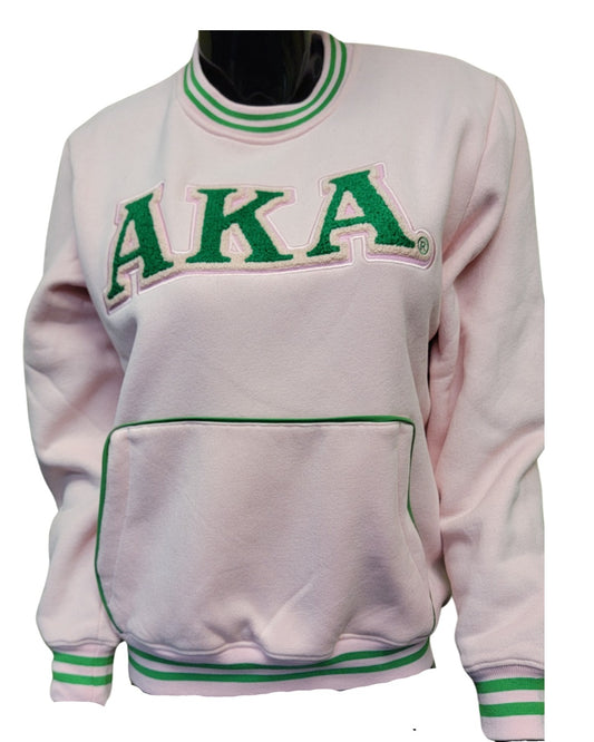 "Alpha Kappa Alpha Sorority Sweatshirt – Embroidered Chenille Letters, Pink & Green Ribbed Cuffs