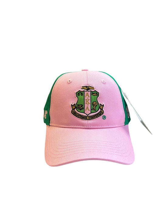 Alt Text 1: A stylish AKA Color Block Cap featuring a detailed shield, the founding year, and Greek letters, designed with bold color-block patterns and an adjustable fit for casual or sporty looks.