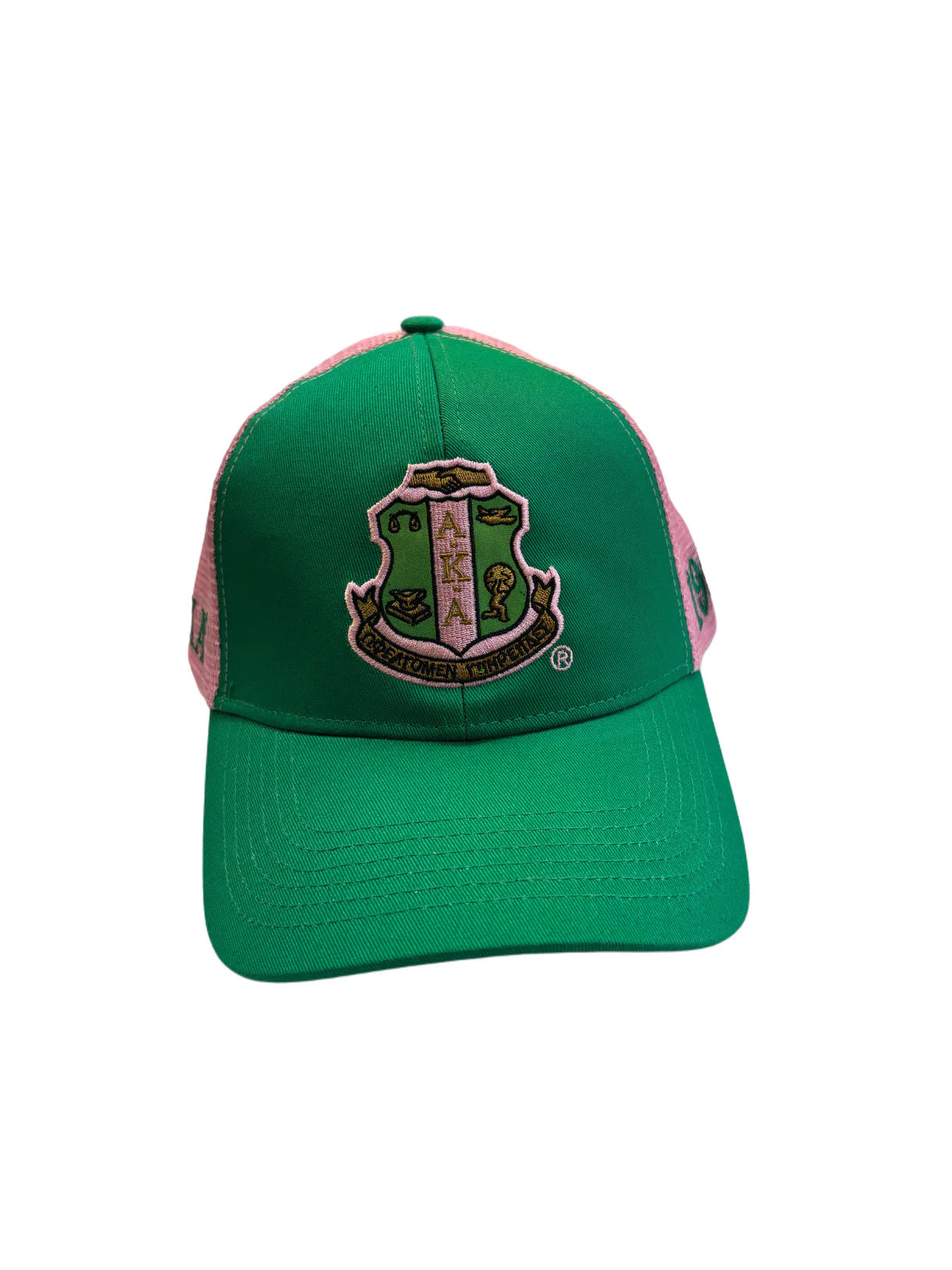 "Stylish green and pink AKA trucker hat featuring embroidered Greek letters, ideal for AKA sisters and Founders’ Day."