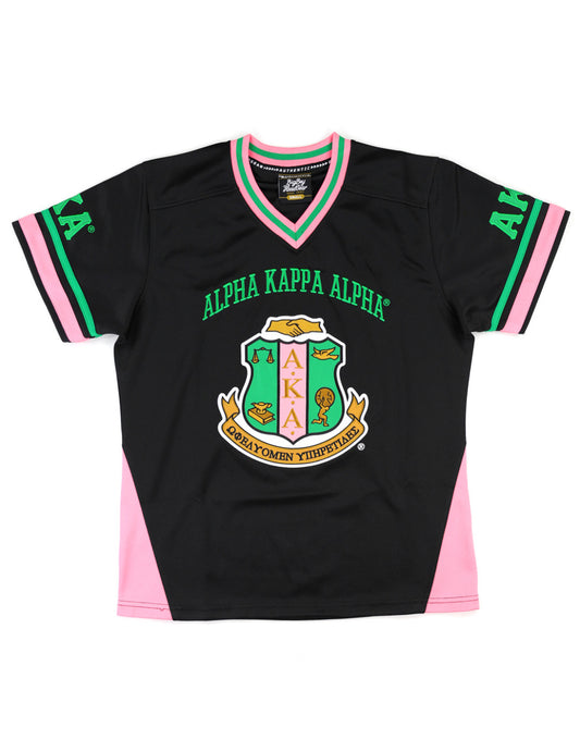 Black Alpha Kappa Alpha football jersey with embroidered AKA letters and crest, featuring the sorority's founding year on the back."