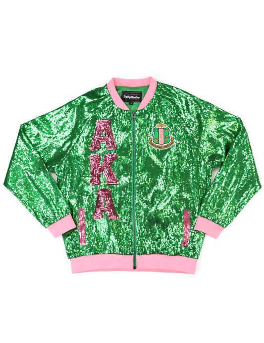 Pink and green sequin jacket inspired by Alpha Kappa Alpha Sorority, perfect for AKA events and parties."