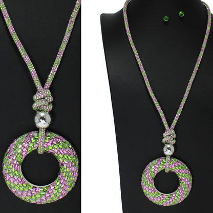 Blingy Pink and Green Rhinestone Pendant Necklace Set