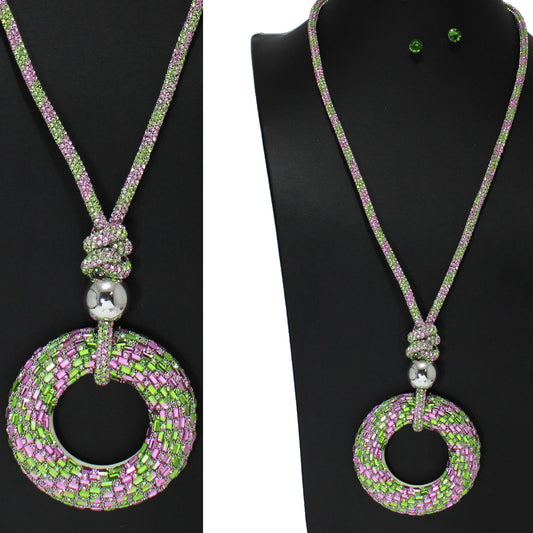 Blingy Pink and Green Rhinestone Pendant Necklace