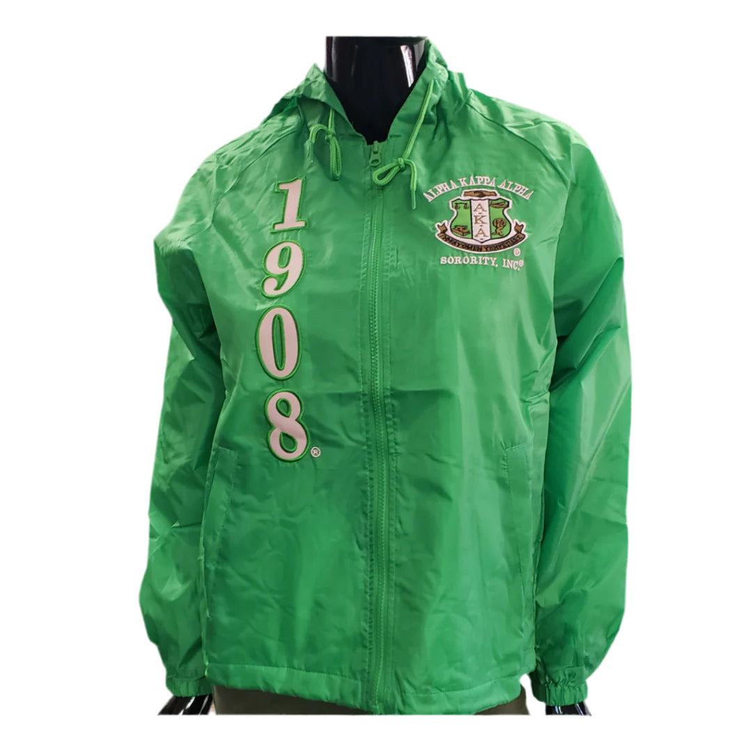 A green hooded windbreaker jacket with the Alpha Kappa Alpha sorority crest and founding year 1908.