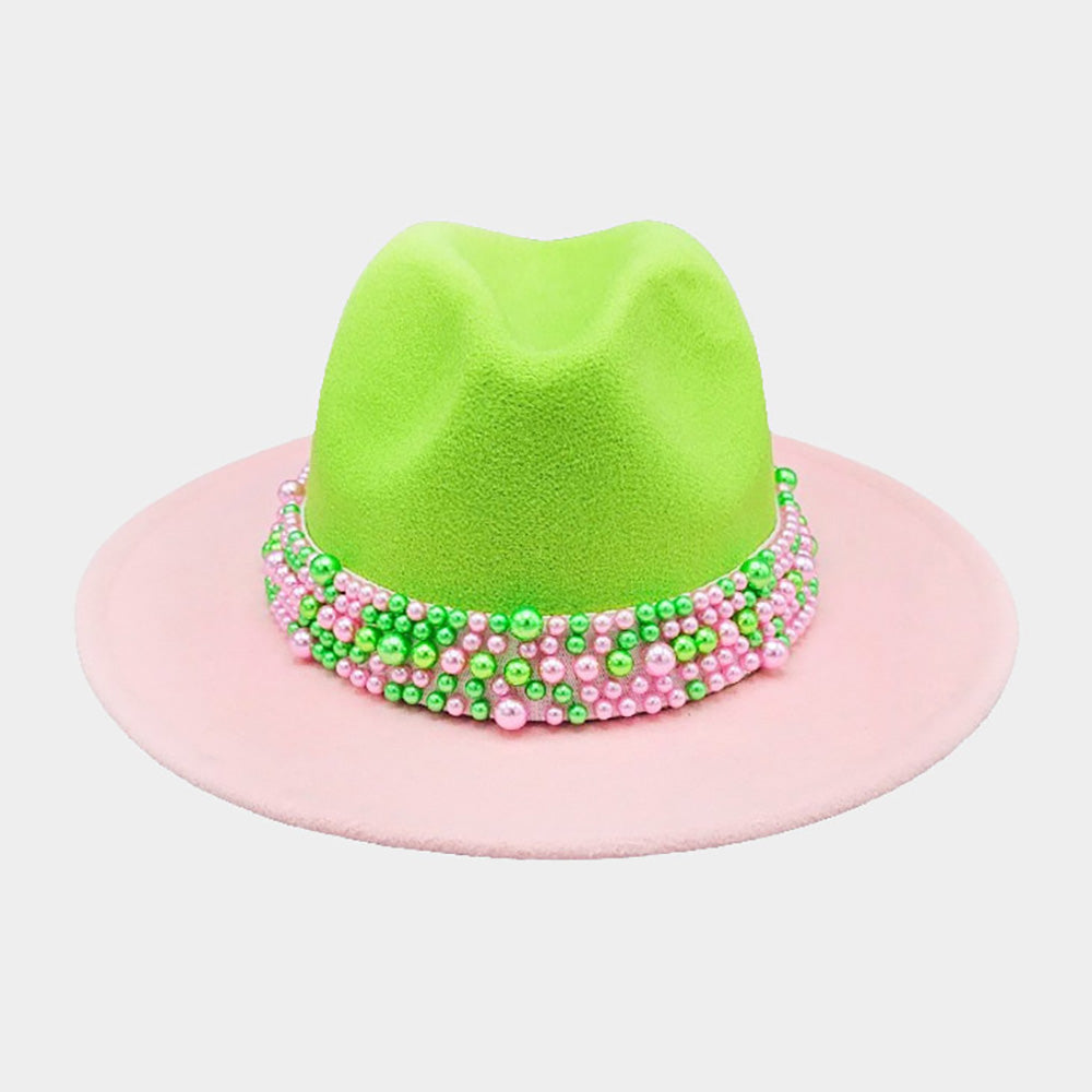 Pink & Green Pearl Embellished Fedora Hats