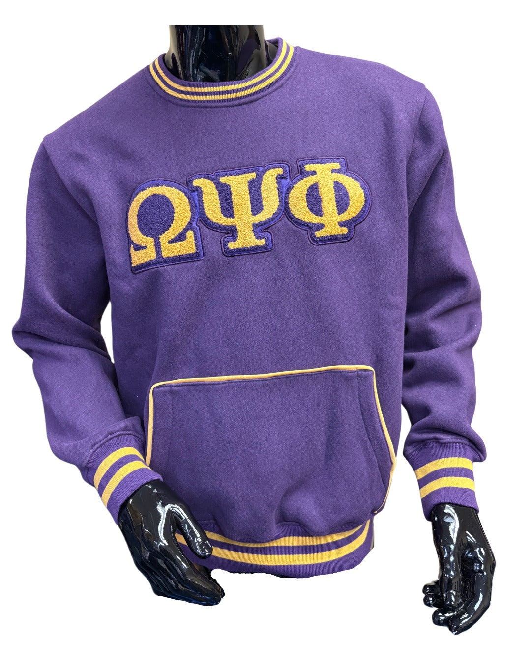 Omega Psi Phi Chenille Greek Letter Sweatshirt with bold gold letters and vibrant purple chenille trim, perfect for fraternity events and showcasing brotherhood pride in masculine style."