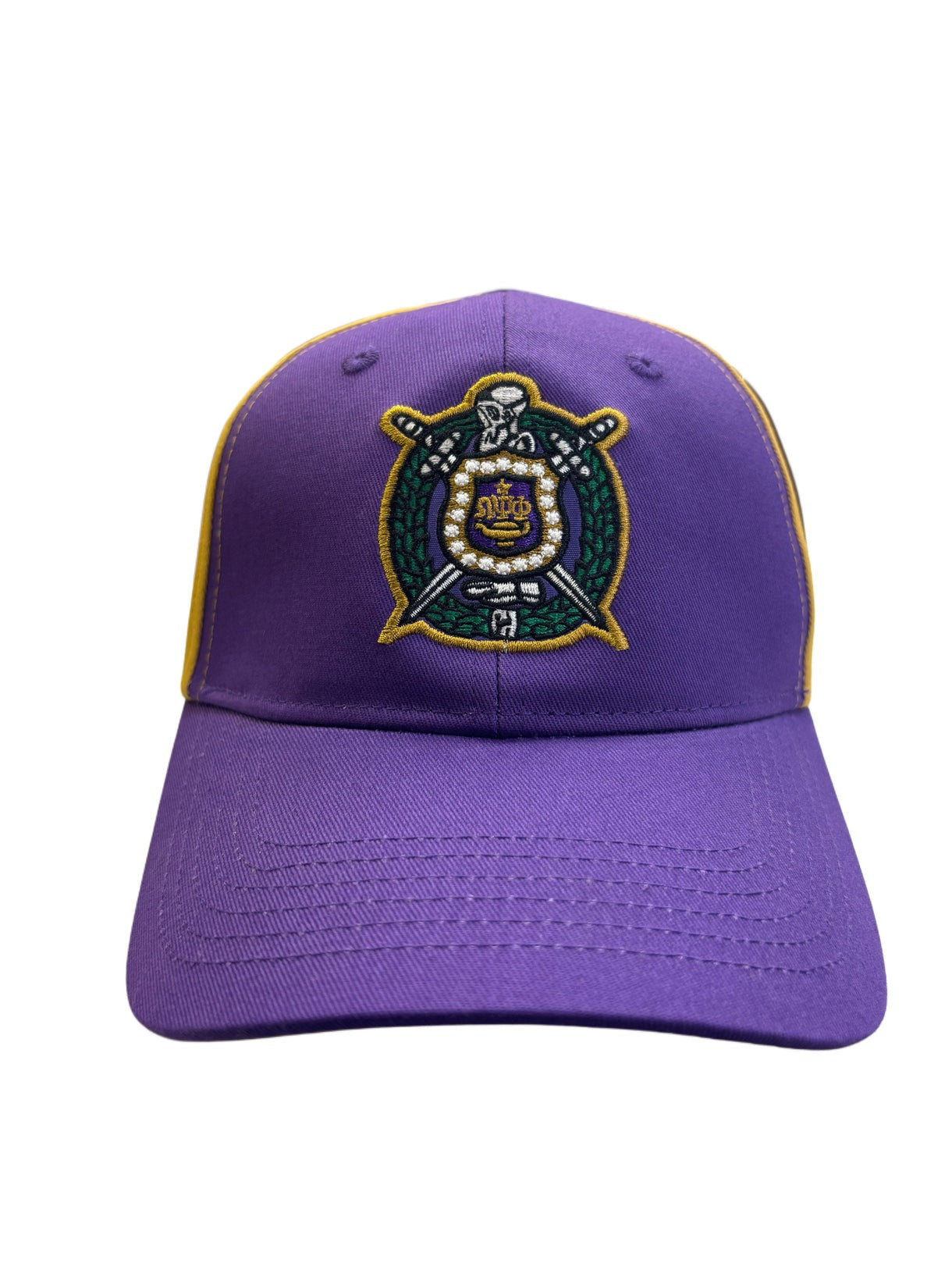 Front view of  Omega Psi Phi Color Block Hat with full color embroidered    crest