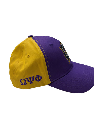 Omega phi psi color block cap side view of embroidered greek letter side         view.