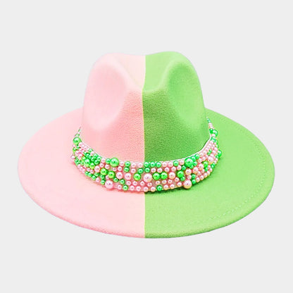Pink & Green Pearl Embellished Fedora Hats