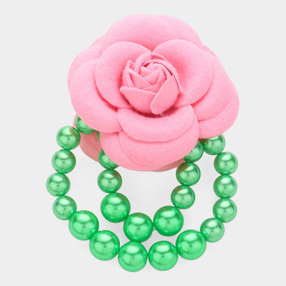 Pink Rose Brooch Pin with Green Pearls