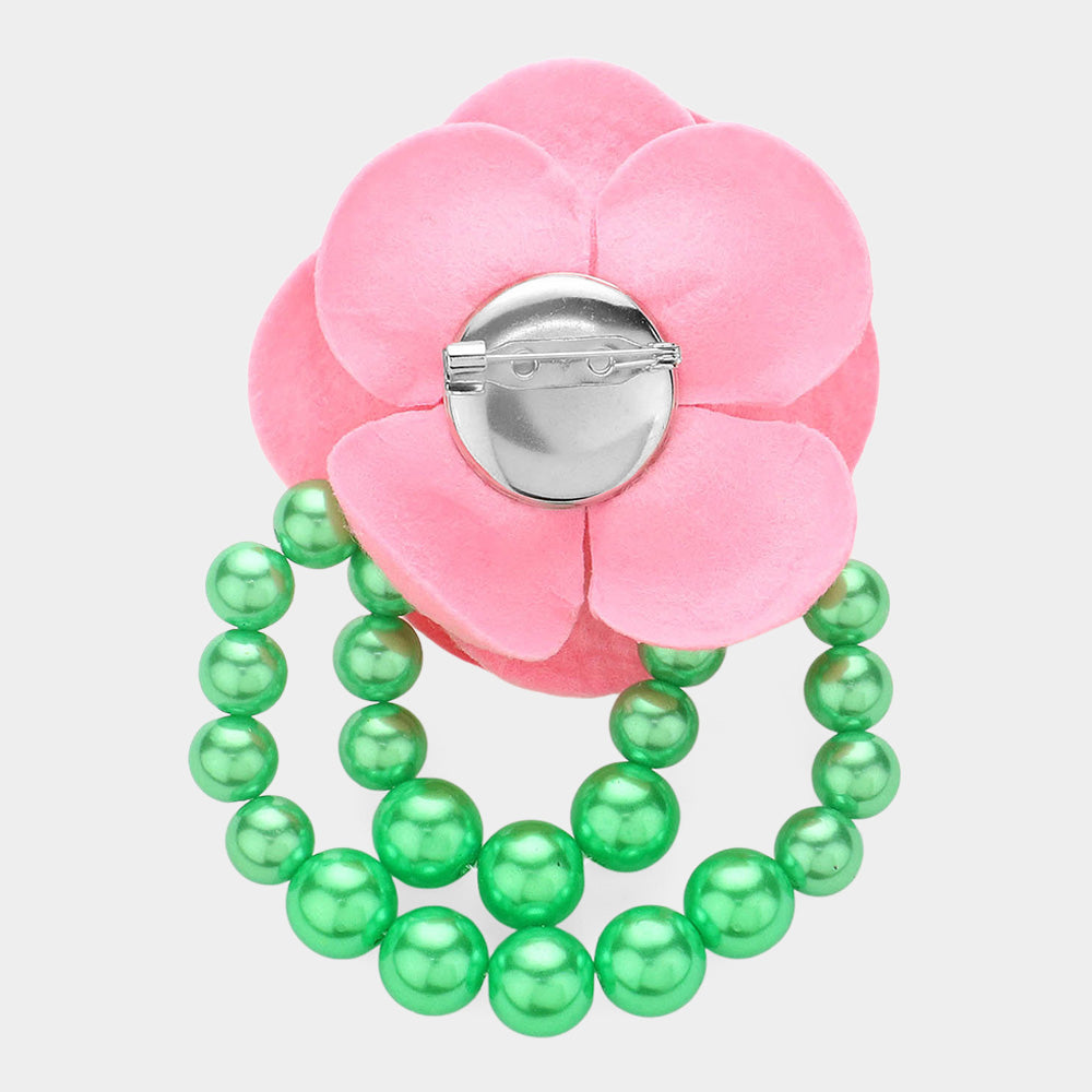 Pink Rose Brooch Pin with Green Pearls