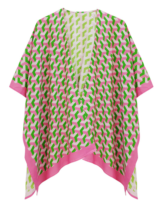 Pink & Green Box Geometric Viscose Ruana - Greek Stylez