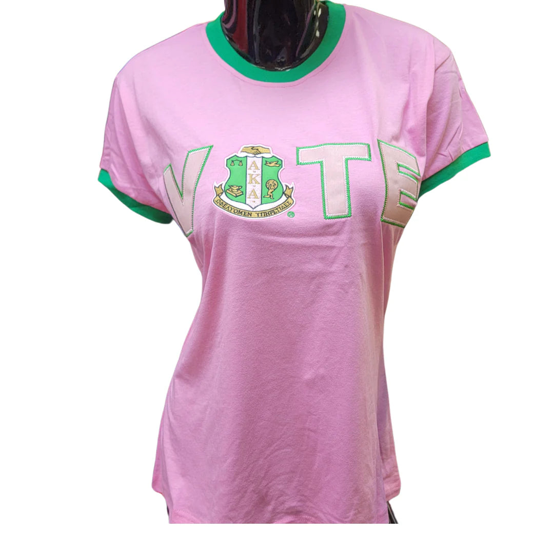  Alpha Kappa Alpha pink t-shirt with "VOTE" graphic and sorority Crest