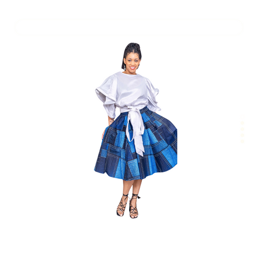 "Patchwork Heritage: African-Inspired Blue Jean Skirt"