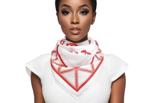 Delta Sigma Theta Sorority, Inc. crest and Lady Fortitude on a white scarf