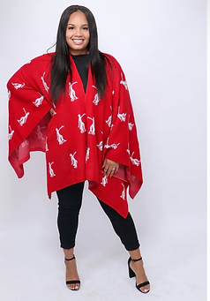 "DST Fortitude-themed poncho wrap in crimson and cream, stretchy knit sorority fashion accessory for Delta Sigma Theta members,