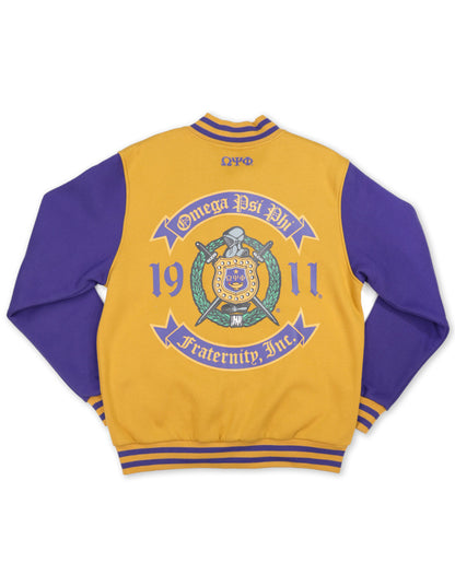 A back view of a jacket indicating membership in the Omega Psi Phi fraternity, possibly a life member. 