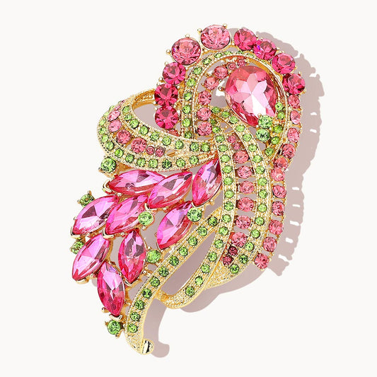 Elegant Pink & Green Rhinestone Brooch | Statement Jewelry