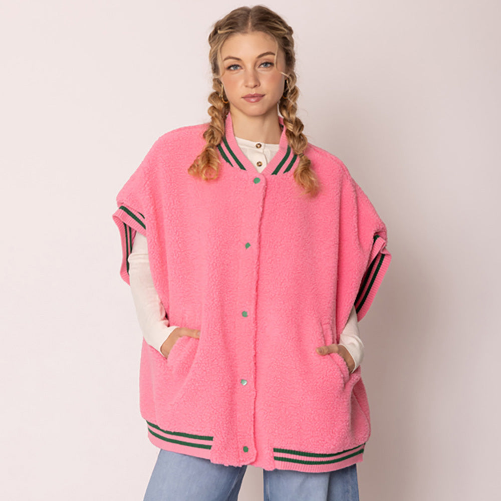 Cozy and warm pink sherpa jacket with ribbed cuffs and hem.