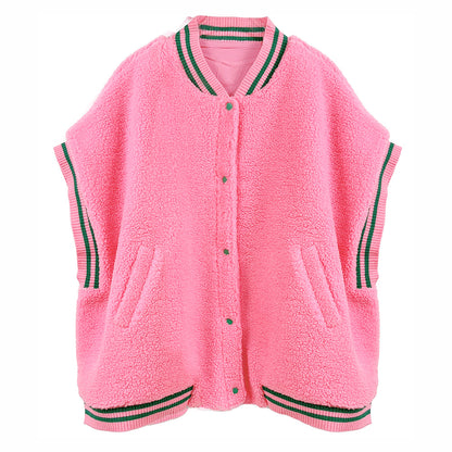 Pink sleeveless sherpa jacket with green stripes.