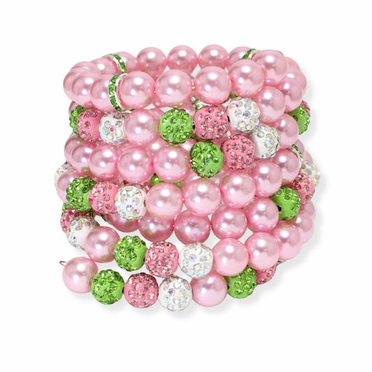 Vibrant AKA Sorority Bracelet Showcasing Pink Pearls and Glittering Green, Pink & White Rhinestones – Perfect for Celebrating Sisterhood.