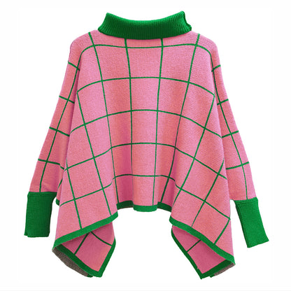 Pink & Green pane poncho with turtle neck and cuff sleeves 