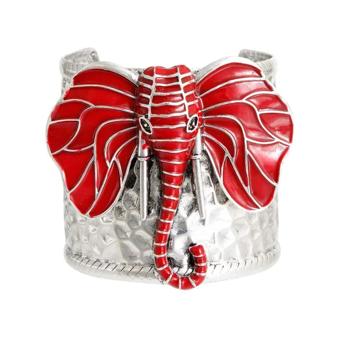 The red enamel elephant cuff bracelet, showcasing its intricate details and supporting Delta Sigma Theta.