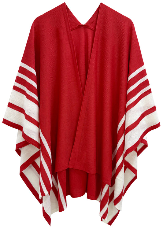 Great! Here are three SEO-optimized alt text options for the red and white Delta Sigma Theta inspired ruana, keeping in mind accessibility and search engine visibility:

Option 1 (Descriptive and Keyword Rich):

alt="Red and white striped polyester knit ruana, Delta Sigma Theta inspired, open front, 27.6x43.3 inches. Lightweight sorority apparel."