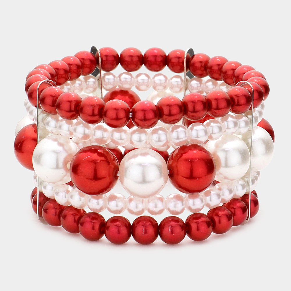 Delta Sigma Theta Inspired: Red & White Stretch Pearl Bracelet