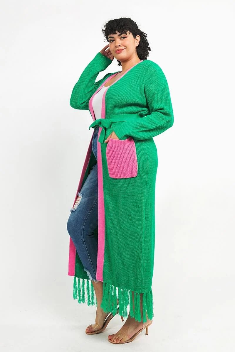 Green & Pink Fringe Cardigan Sweater