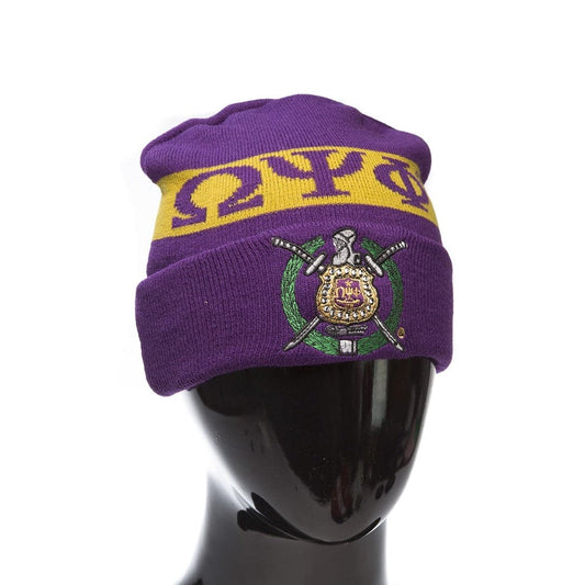 Omega Psi Phi Beanie Cap.Close-up of an Omega Psi Phi beanie showcasing the embroidered Greek letters and crest.